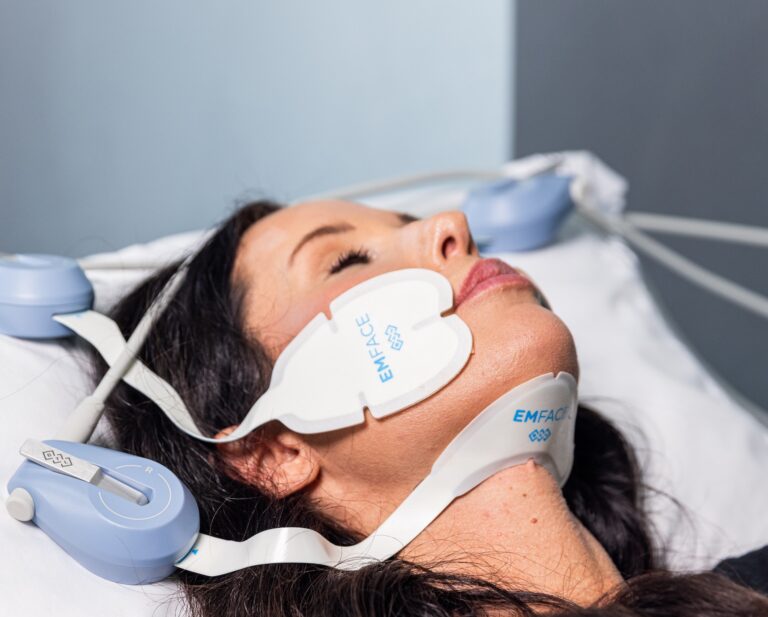 close-up of a female patient receiving Emface facial contouring in Franklin, TN